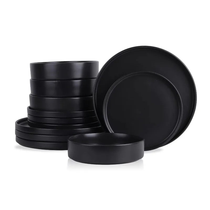 12-Piece Round Dinnerware Set, Black   dinner plate ceramic