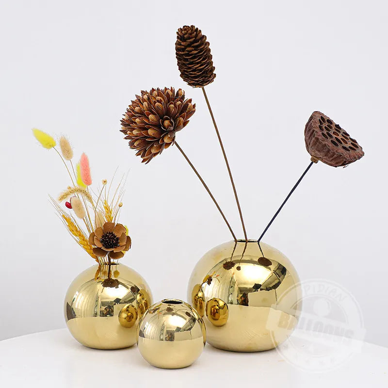 European Style Simple Electroplating Metal Gold Color Round Vase Ornaments Living Room Interior Decoration Home Accessories