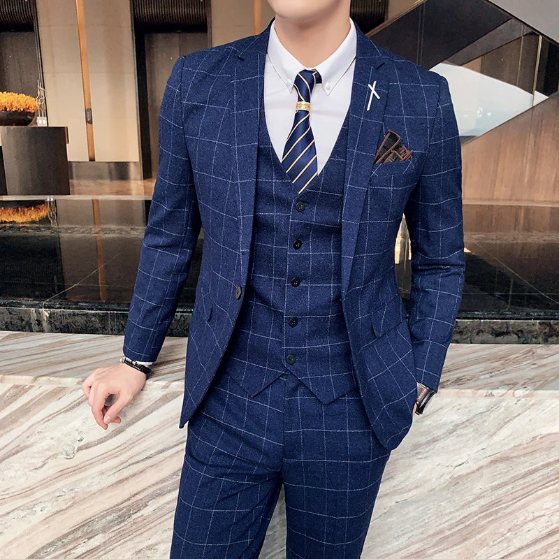 S-7XL (Jacket+Vest+Pants) Fashion Boutique Lattice Formal Business Mens Suit 3pcs Set Groom Wedding Dress Plaid Suit Show Stage