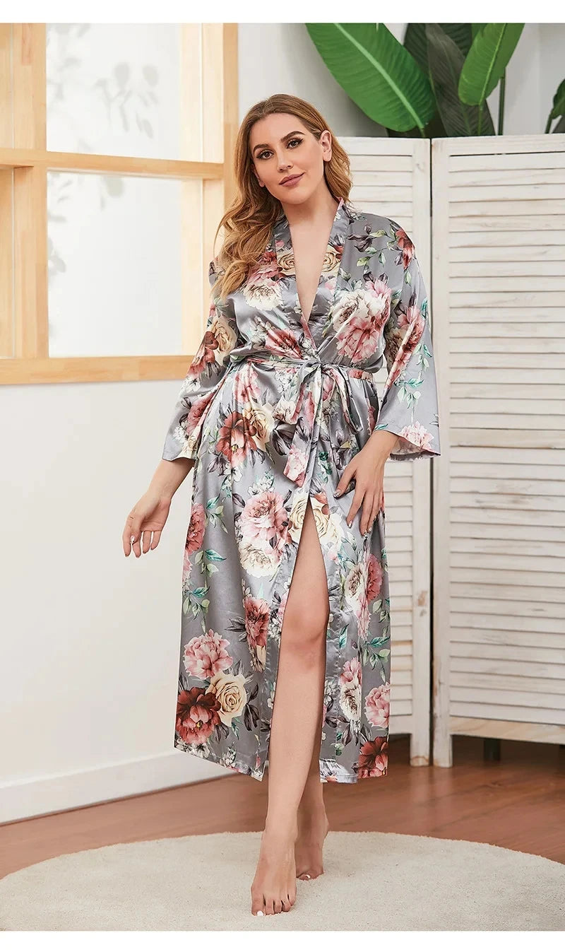 Satin Long Sleeve Bathrobe for Women Big Size 4Xl 5Xl Nightgown Sexy V-Neck Kimono with Belt Loose Home Wear Sexy Print Robe