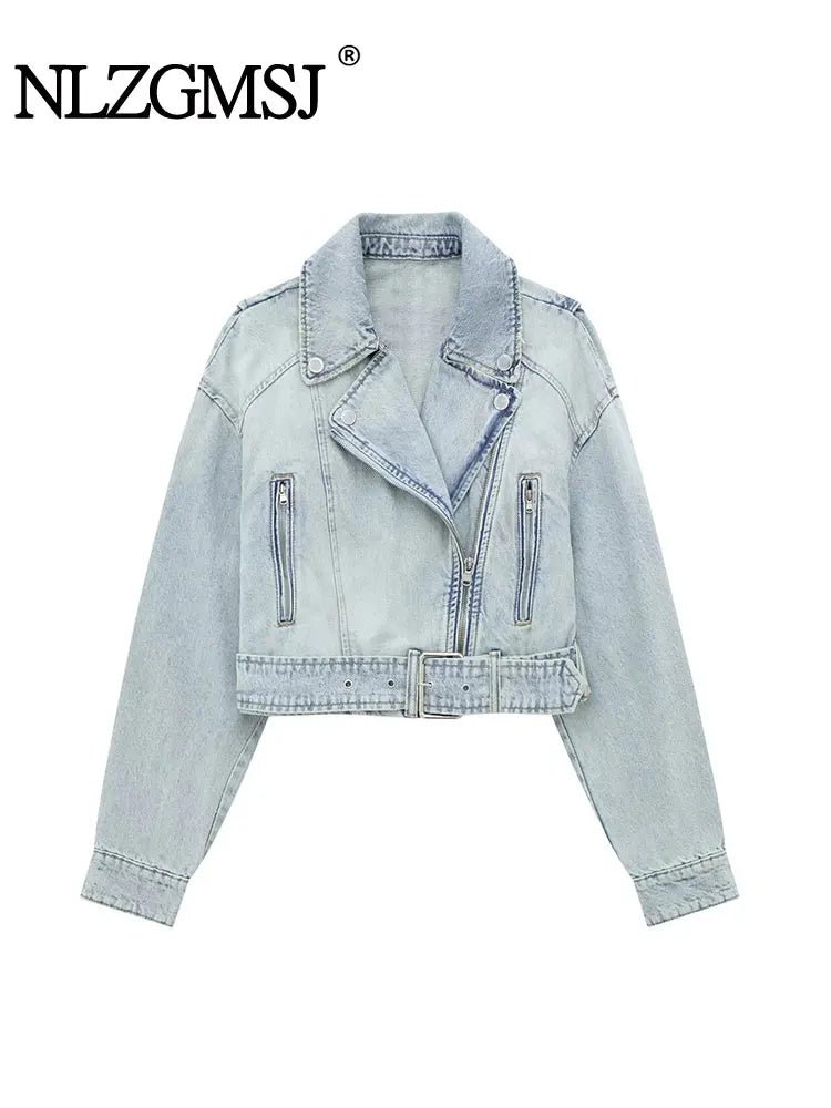 Nlzgmsj TRAF - Women 2023 Spring Autumn Blue Denim Trench Coat Jacket Vintage Long Sleeve Belt Relaxed Female Outerwear Tops