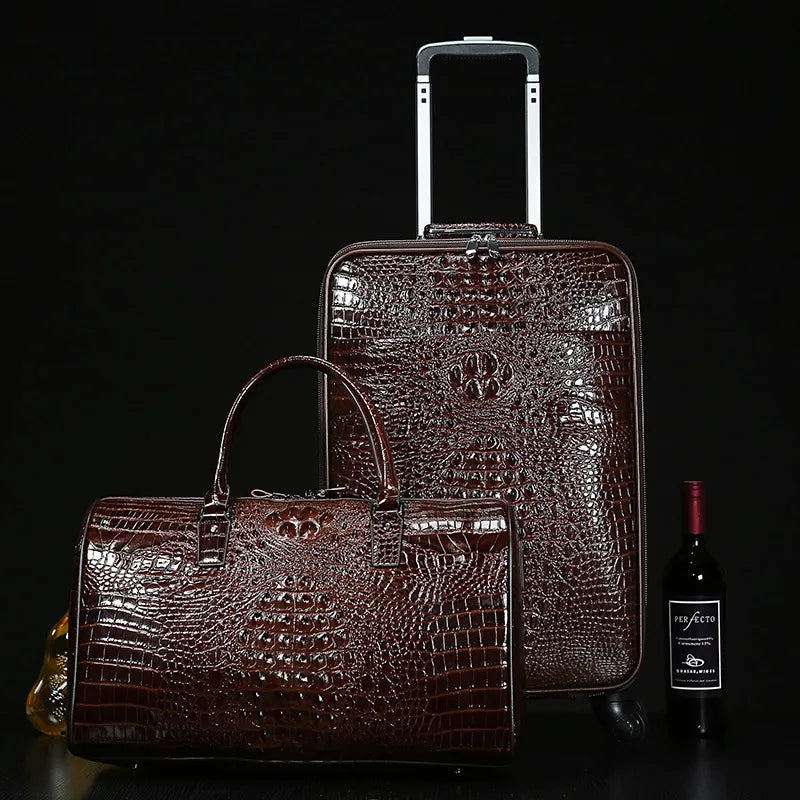 Genuine Leather crocodile pattern travel luggage with handbag backpack men's first layer cowhide trolley suitcase boarding case