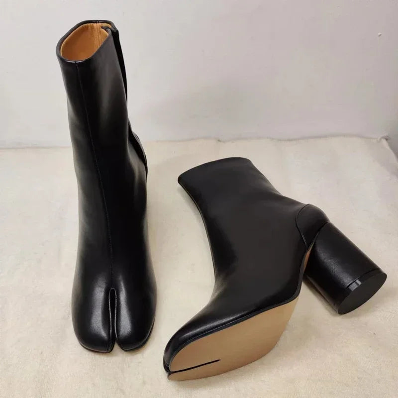 Women Split Toe Ninja Tabi Ankle Leather Boots Luxury Brand Design Round Heels Woman Shoes Lady 7.5cm / 3.5cm Heel Boot