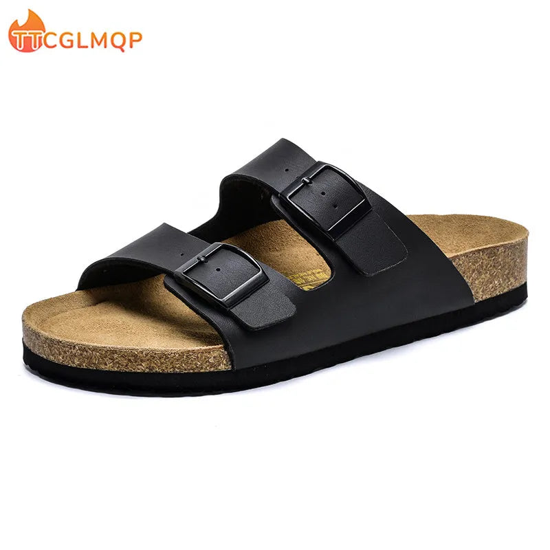 2023 Summer Cork Sandals Men's Flock Faux Suede Mule Clogs Slippers Brown Classic Buckle Cork Slides Slippers For Men Slippers