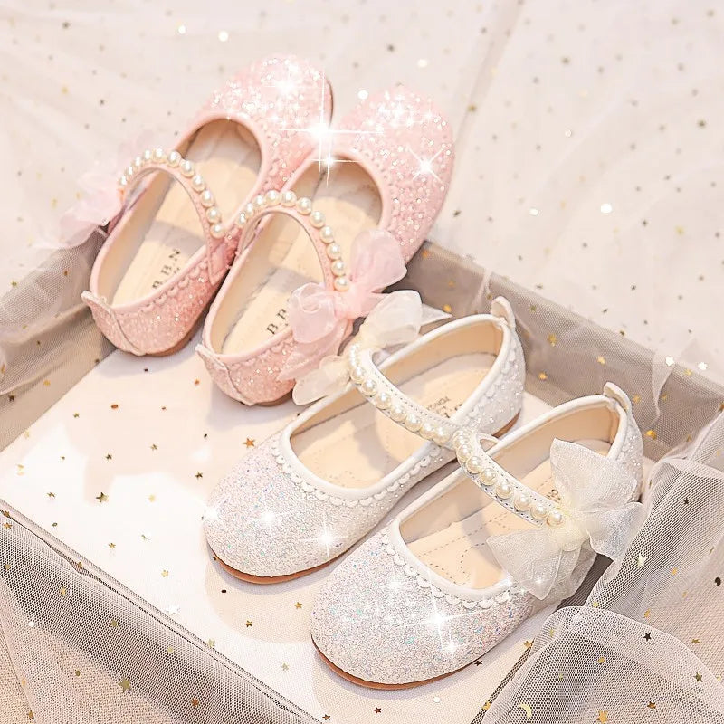 Children Fashion Girls Mary Janes for Party Wedding Shows 2023 Side Bow Pearls Elegant Princess Shoes Chic Kids Shoes Non-slip