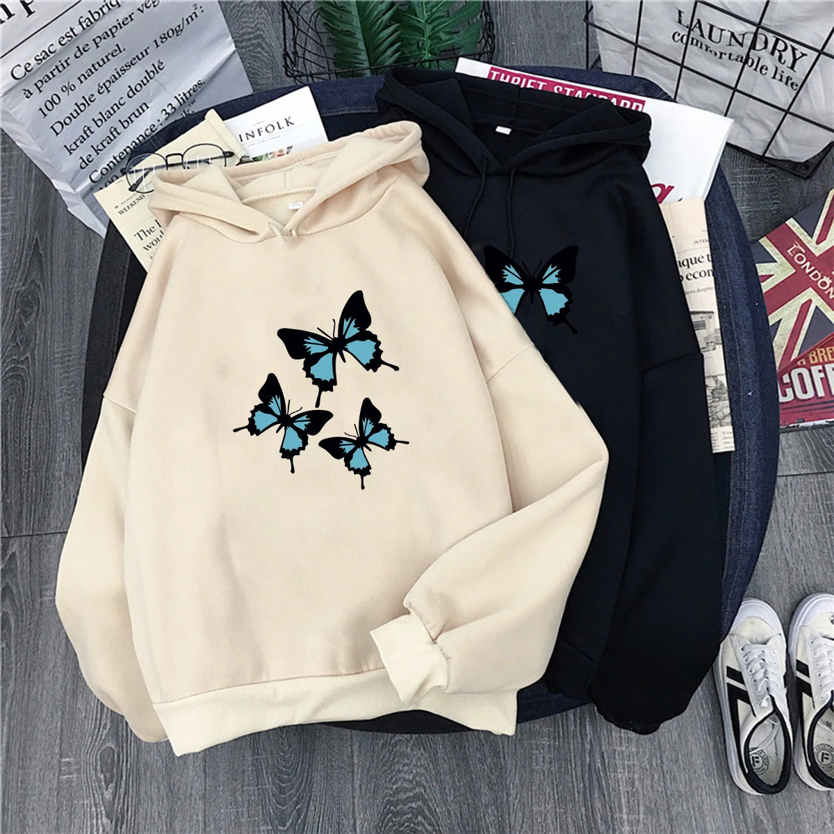 Hirsionsan Butterflies Graphic Print Hoodies Women Chic Long Sleeve Oversized Female Sweatshirt Streetwear Fleece Ladies Clothes