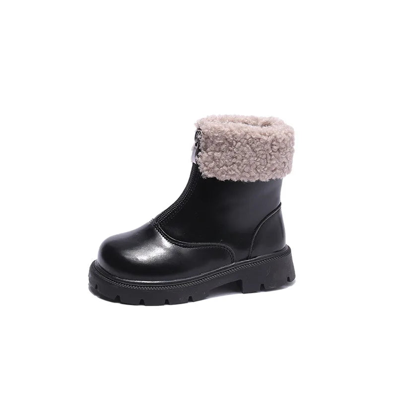 Children New Winter Boots Solid Color Platform Front Zipper Kids Mid-calf Boots Fashion Plush Unisex Boys Girls Cotton Shoes