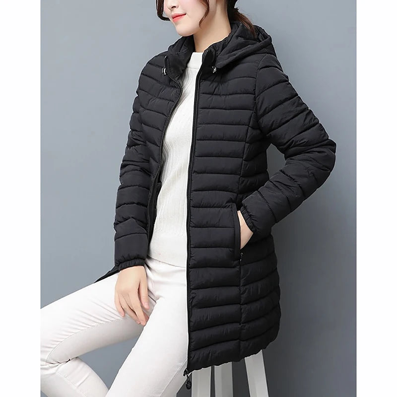 YISOLIFE Women's Lightweight Padded Jacket Mid-Length Winter Jackets with Pockets Quilted Coat with Removable Hood