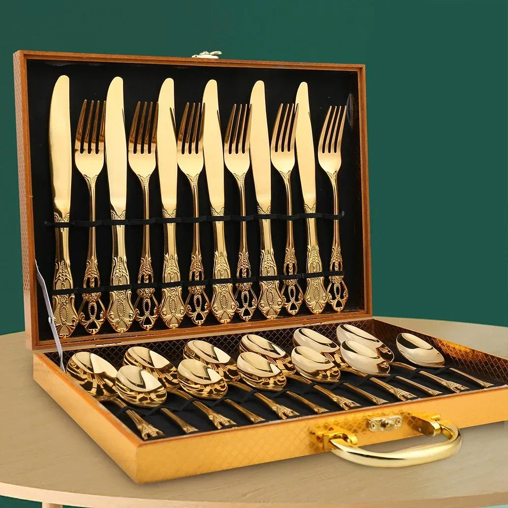 Retro Gold Cutlery Set Luxury Complete Tableware European Style Stainless Steel Spoon Fork Steak Knife Dinnerware Set Gift Box