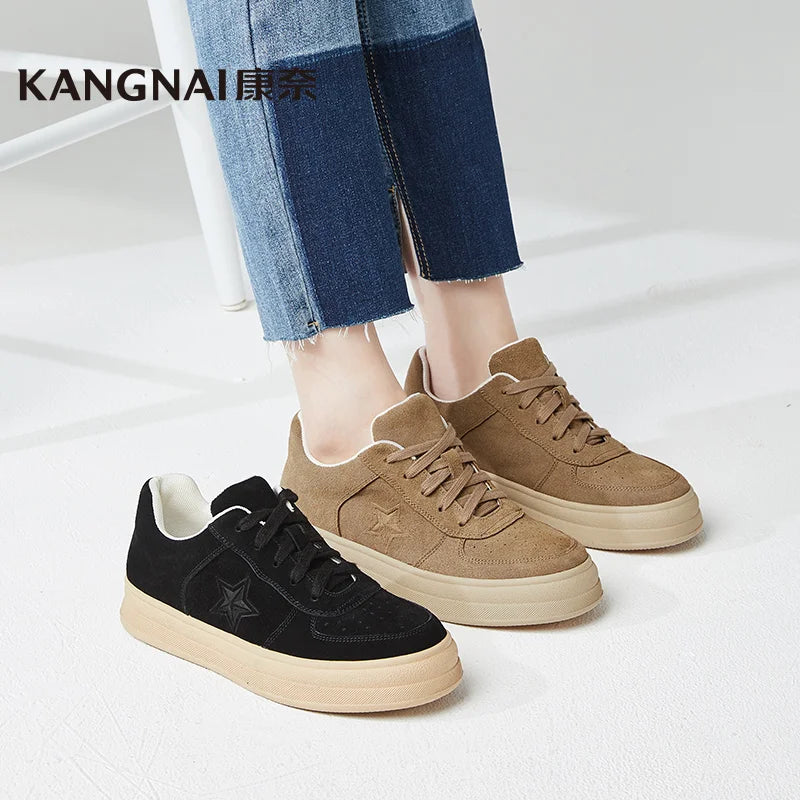 Kangnai Women Casual Shoes Cow Suede Flats Star Pattern Lace-Up Solid Color Sneakers Female Shoes