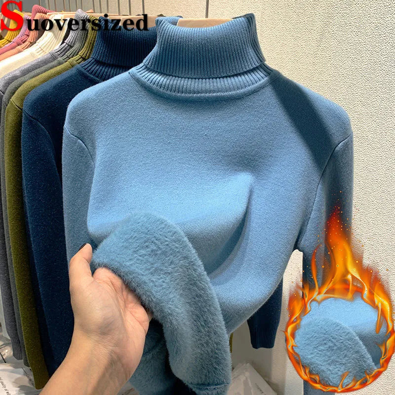 Plush Lined Winter Turtleneck Sweater Warm Slim Long Sleeve Jerseys Tops Thicken Soft Knitted Jumper Korean Women Basic Pullover