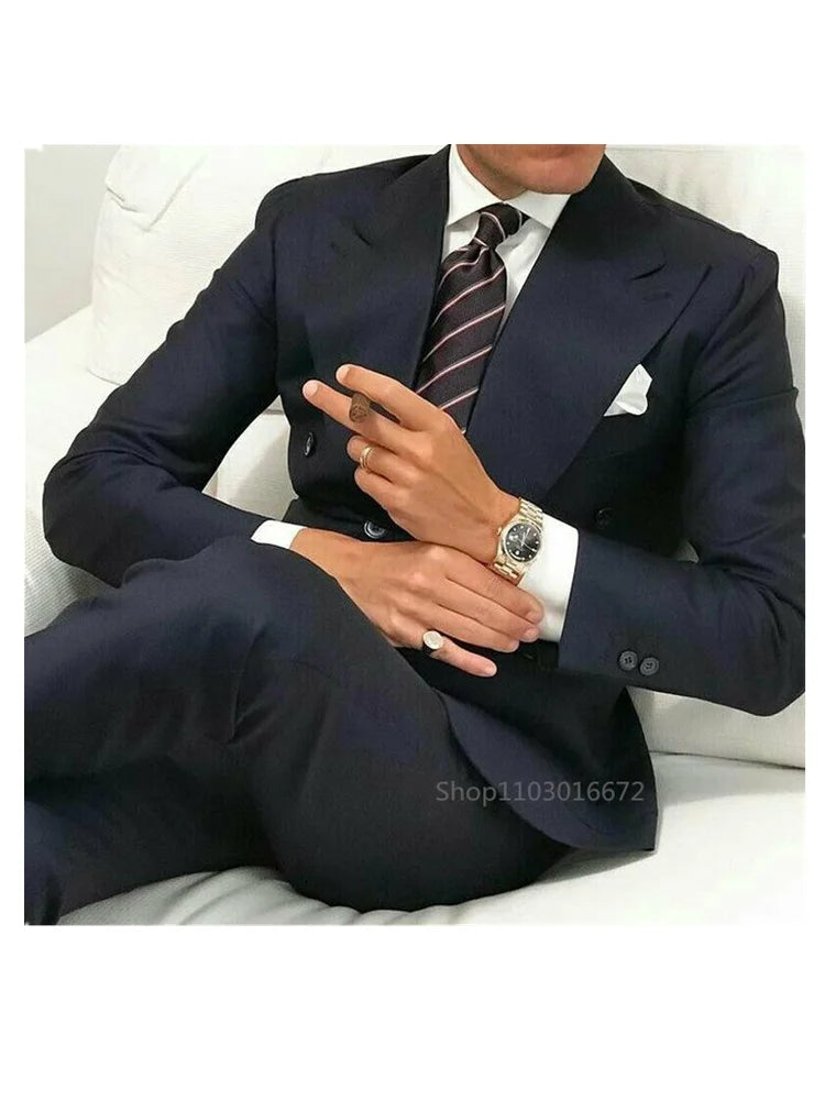 Navy Blue Peak Lapel Double Breasted Men Suits Formal Dress Men Smoking Homme for Wedding/Business/Party Slim Fit Groom Tuxedos