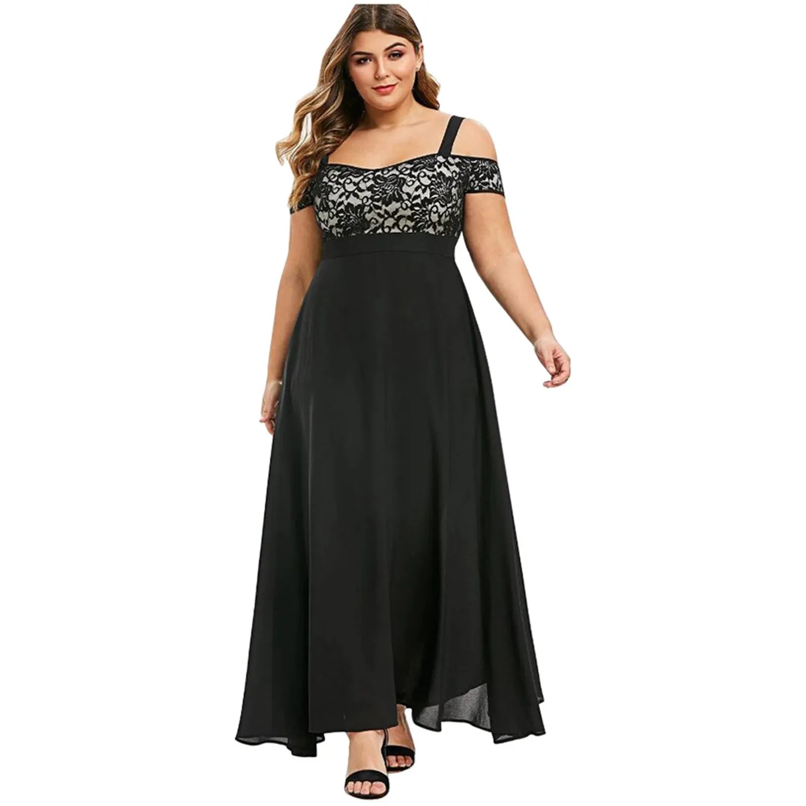 Women Plus Size Dresses Cold Shoulder Floral Lace Maxi Party Evening Camis Summer Casual Long Dress L-5XL Robe Vestidos Mujer