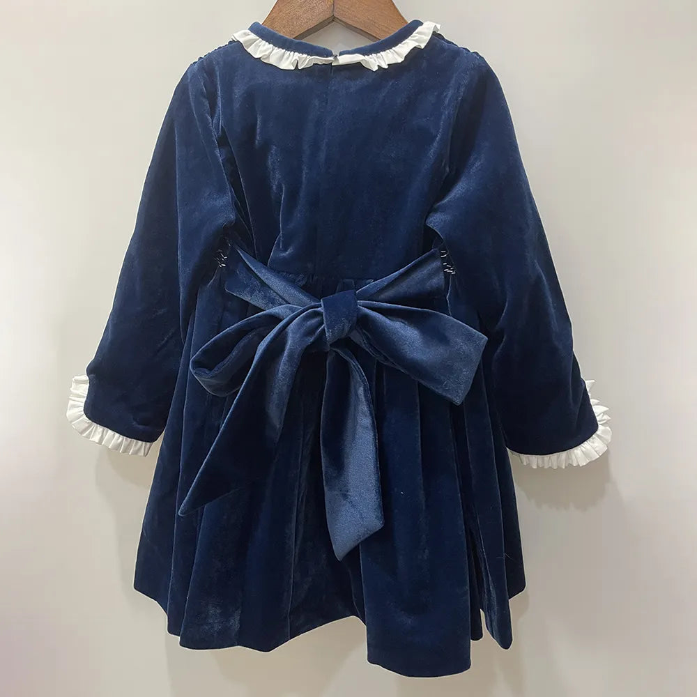 Children Vintage Clothing Girls Blue Velvet Dress Handmade Smocking Princess Christmas Eid Birthday Palace New Year Clothes