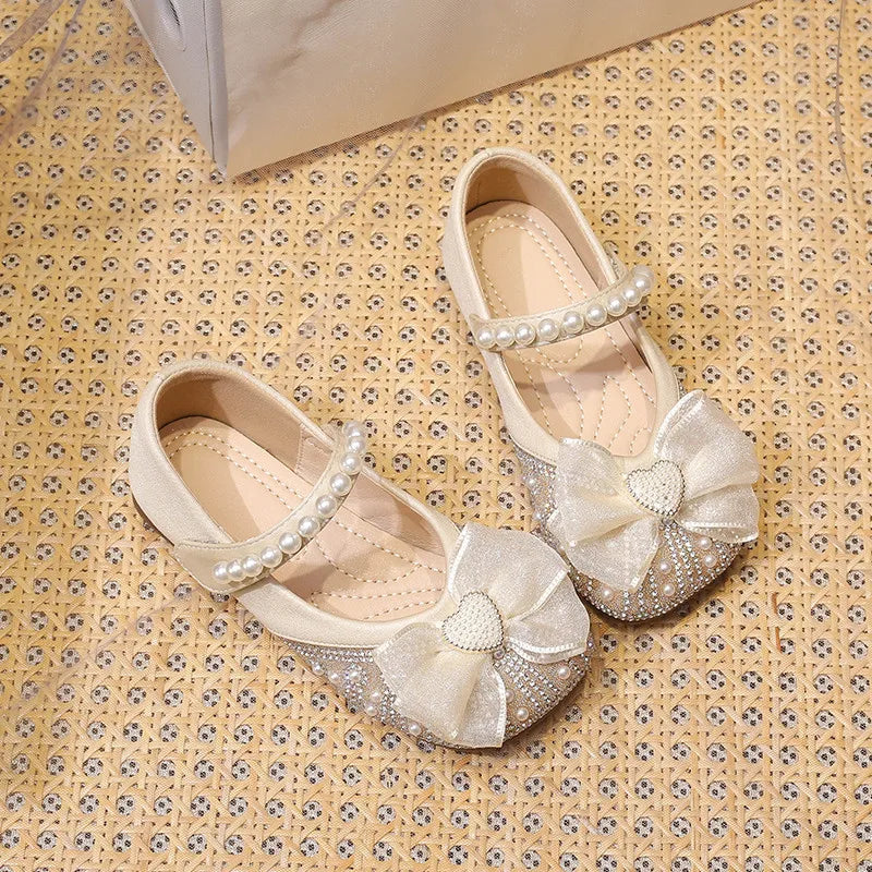 New Girls Leather Shoes Children Crystal Bow Party Dance Princess Dress Soft Sole Flats Toddler Baby Casual Moccasins Kids 3C