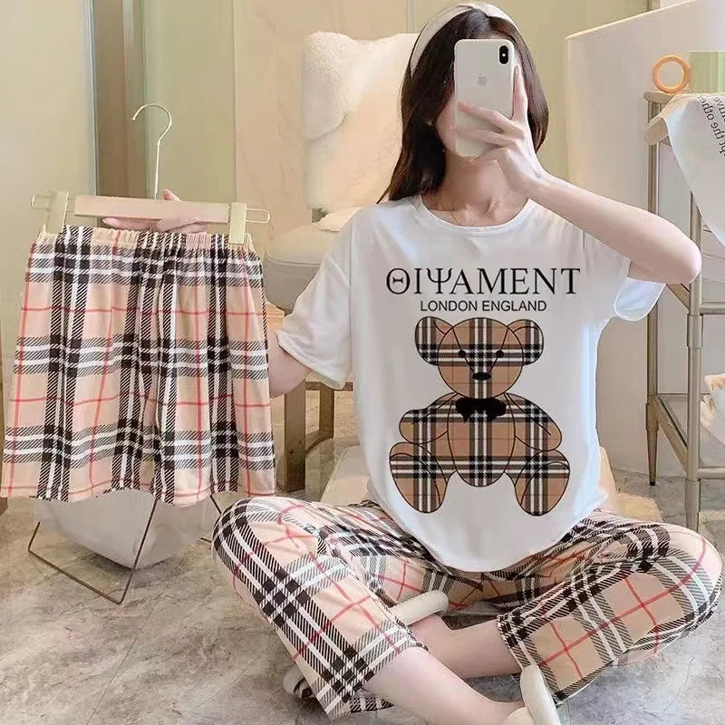 Pajamas Female 3-Piece Set Of Summer Short-Sleeved Korean Version Of The Students Large Size New Home Wear Suit Suit Pajamas Set