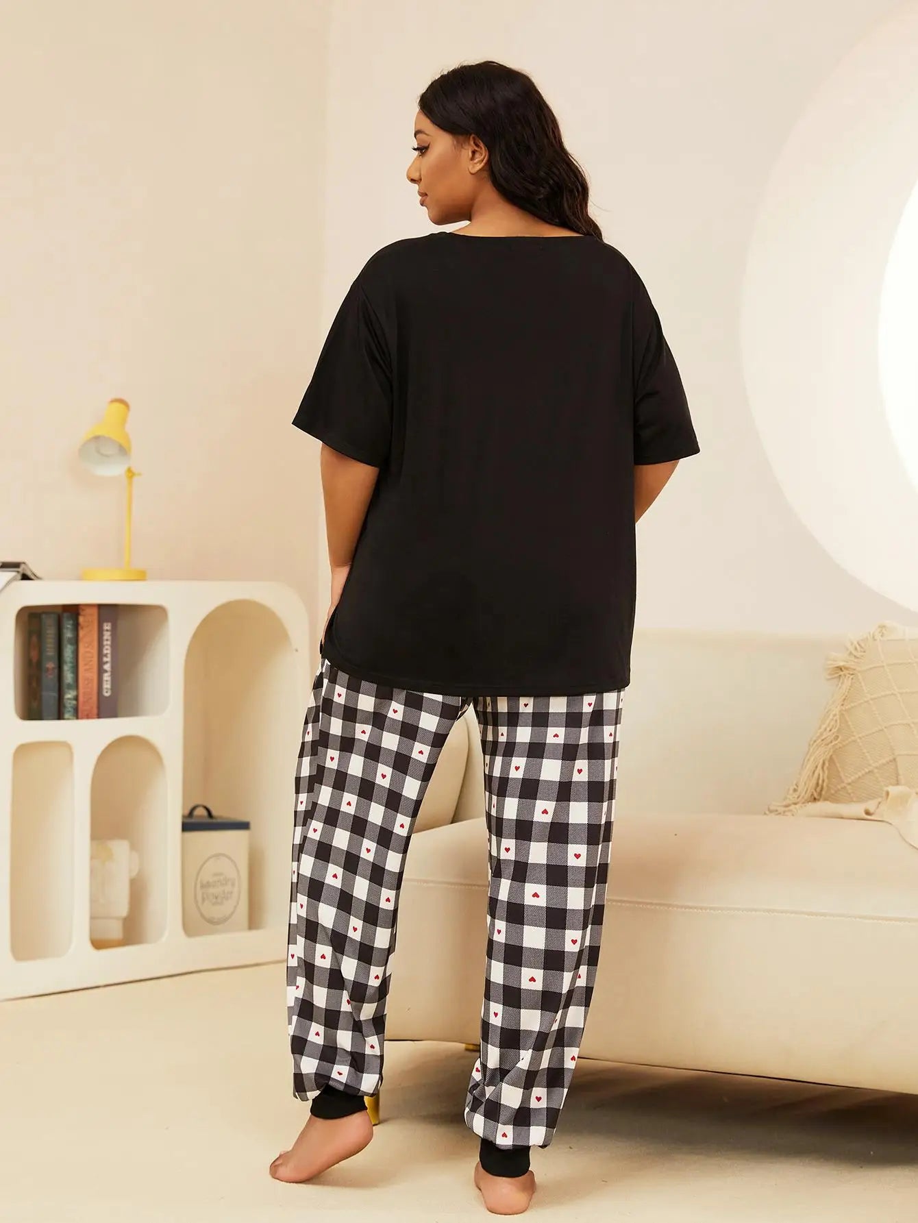 Plus Size Women's Pajamas Set Scew Neck Plaid Love Print Summer Short Sleeves Sleepwear Drawstring Long Btoom Nightwear Clothes