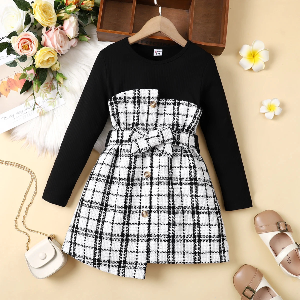 PatPat Kids Girl Autumn and Winter Plaid Dresses Tweed Splice Button Design Irregular Hem Long-sleeve Girl Dress for 5-12 Y