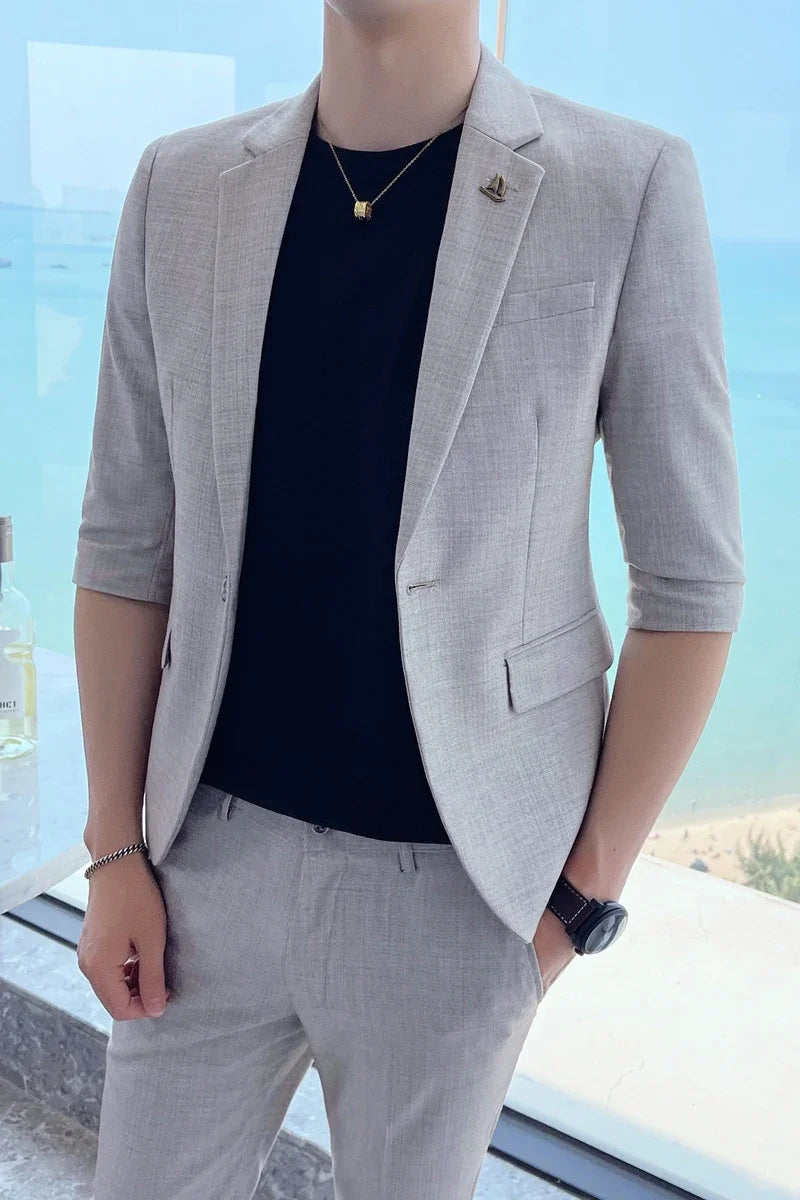 Summer New Men's Wedding Dress Suit Men's Fashion Slim Suit Business Formal Party Half Sleeve 2-piece Barber Casual Suit