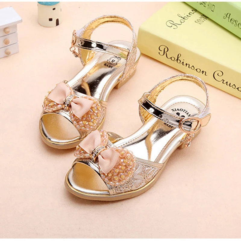 Children Princess Sandals Kids Girls Wedding Shoes High Heels Dress Shoes Bowtie Gold Pink Sandals Shoes for Girls