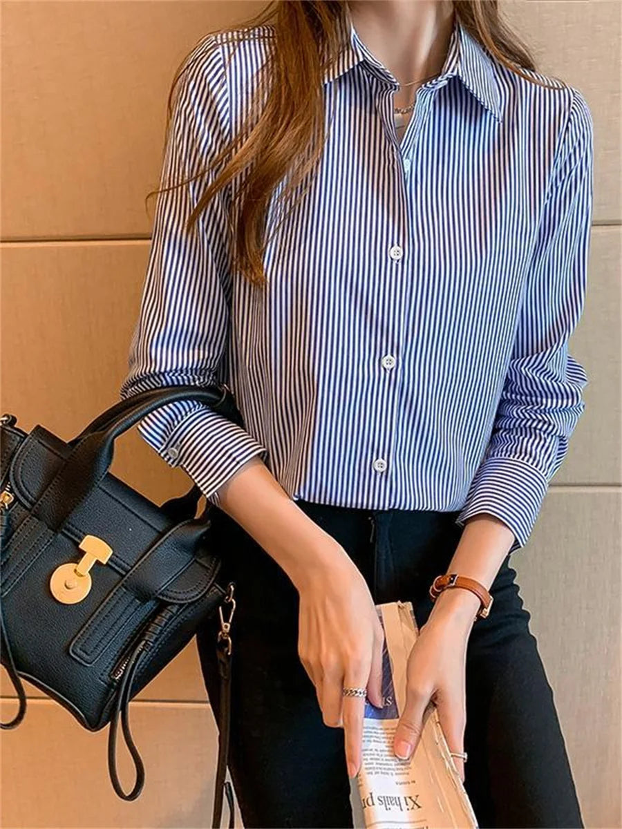 Women Spring Summer Blouses Shirts Lady Fashion Casual Long Sleeve Turn-down Blue Stripes Blusas Tops WY0304