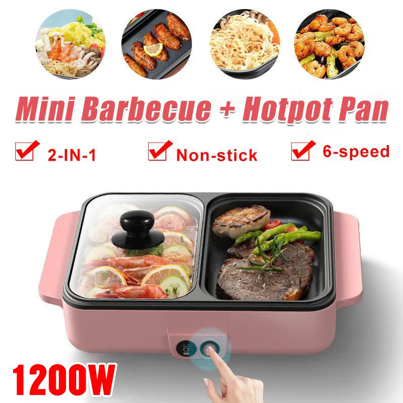 1200W Electric Hot Pot Cooker 110V BBQ Mini Grill Multifunctional Electric BBQ Grill Non Stick Plate Barbecue Pan Food Cooker