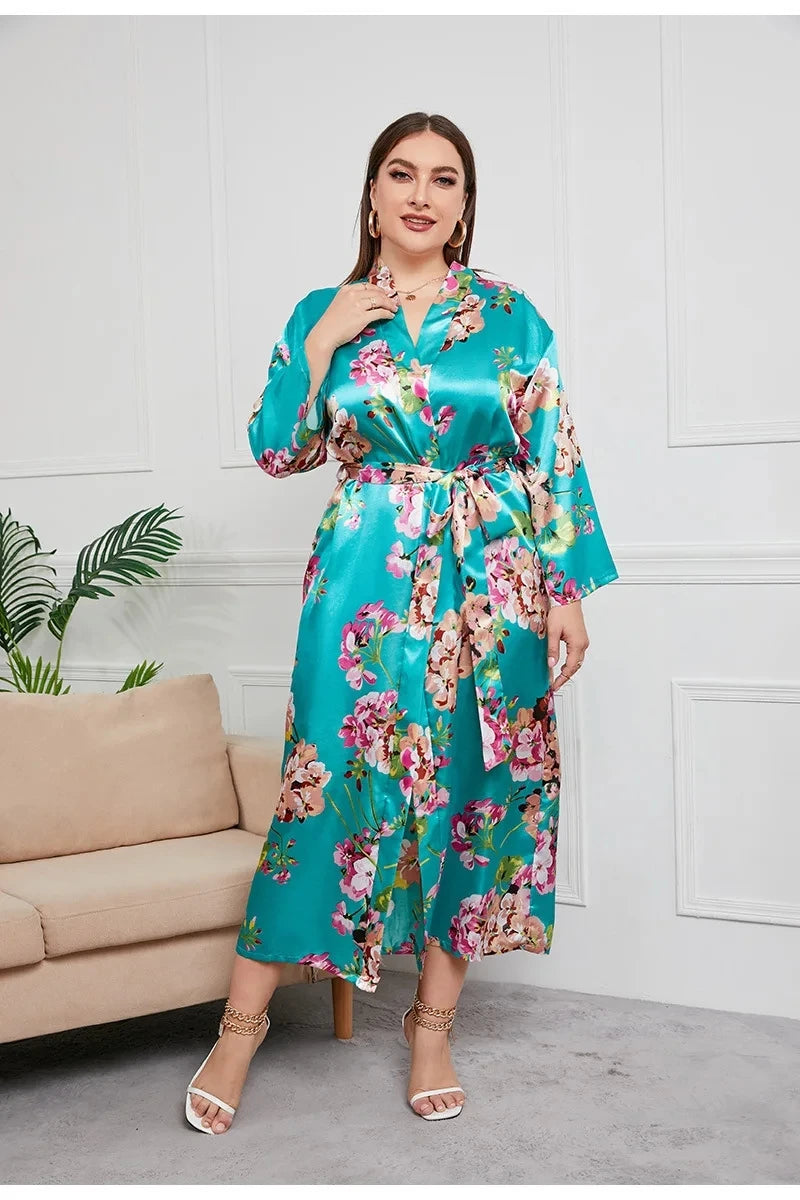 Satin Long Sleeve Bathrobe for Women Big Size 4Xl 5Xl Nightgown Sexy V-Neck Kimono with Belt Loose Home Wear Sexy Print Robe