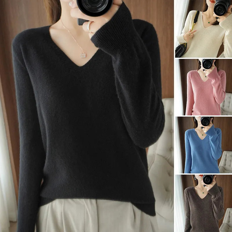 Fall Winter Women V-neck Pullovers Fashion Loose Jumper Warm Bottoming Sweater Plush Cashmere Knitted Pullover Solid Long Sleeve