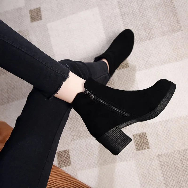 Women's Autumn and Winter 2023 New Fashion Solid Temperament Ankle Boots Round Head Square Heel Slip on Solid Casual Boots Size