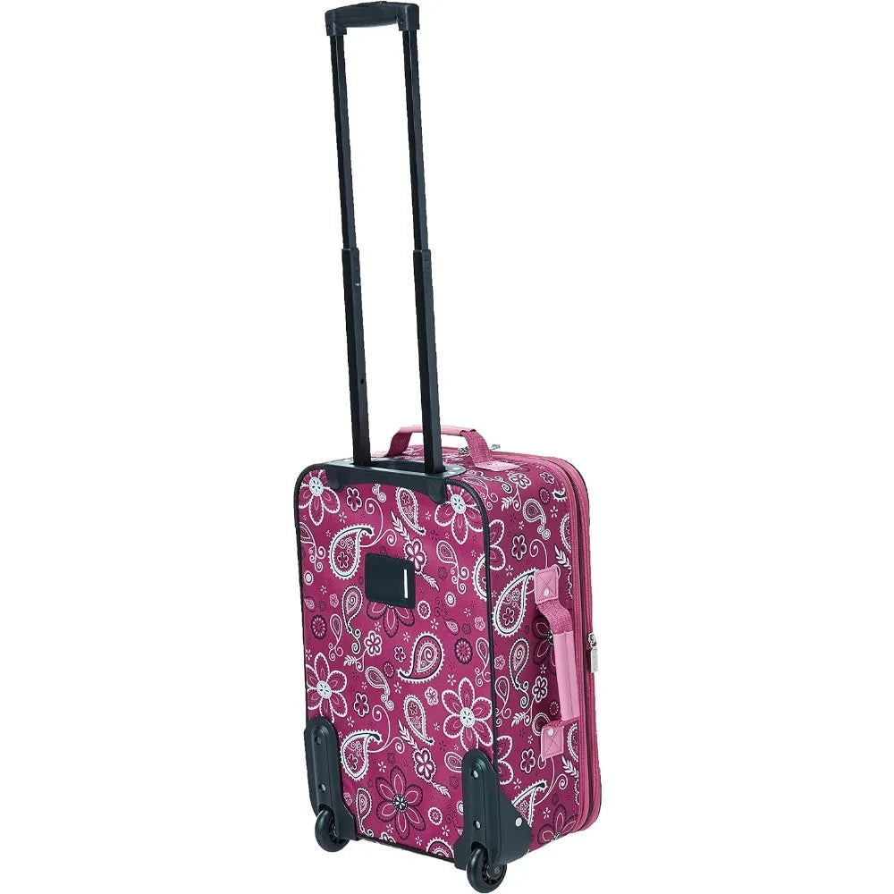 2-Piece (14/19) Travel Bags With Wheels Free Shipping Fashion Softside Upright Luggage Set Pink Bandana Wheel Large Size Luggage