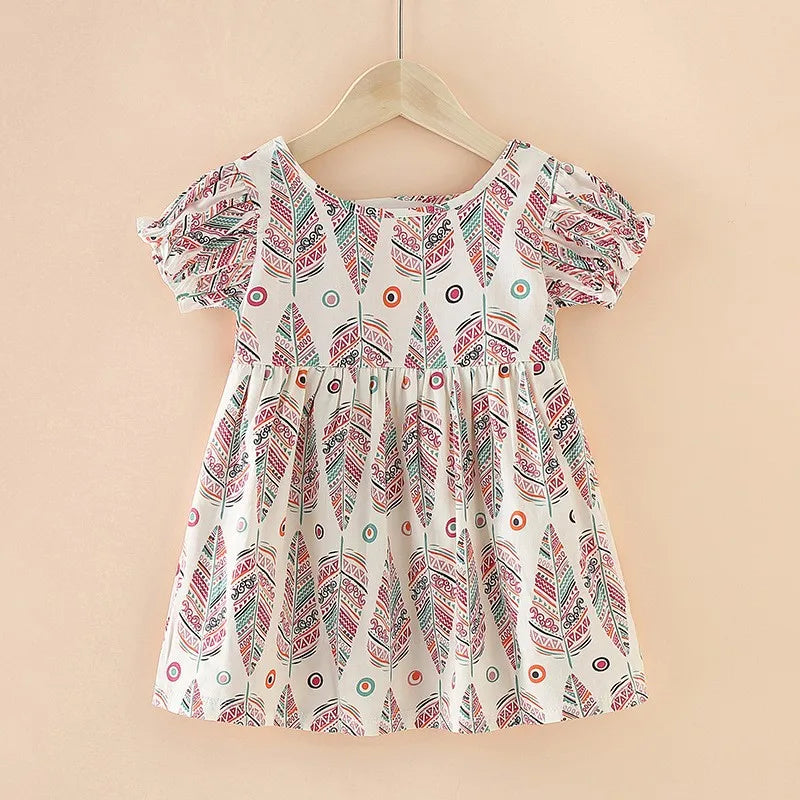 Spring Summer Korean Girls' Clothing Flower Print Cotton Kids Girls A-line Princess Dress Children's Short Sleeve Beach Dress