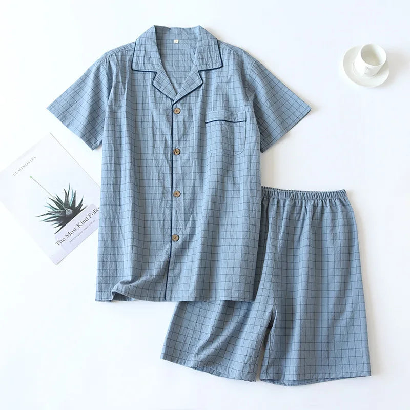 2023 Men's Pajamas Summer Thin Short-sleeved Shorts Washed Cotton Simple Japanese Plaid Home Service Suit Pantalon Pijama Hombre