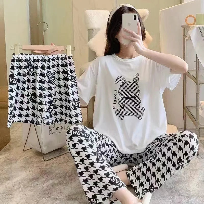 Pajamas Female 3-Piece Set Of Summer Short-Sleeved Korean Version Of The Students Large Size New Home Wear Suit Suit Pajamas Set