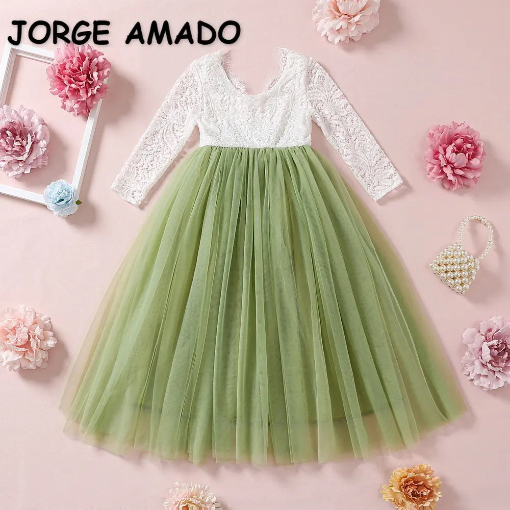 Princess Dress for Girls Ankle Length Wedding Party Dress Eyelash Back White Lace Beach Dress Children Clothing E15177