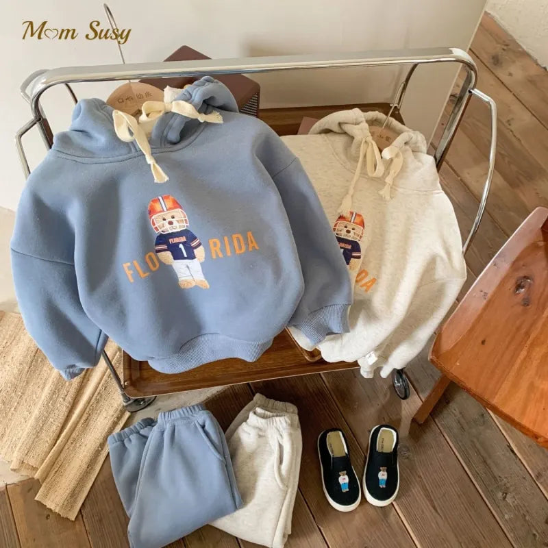 Baby Girl Boy Fleece Inside Clothes Set Cartoon Print Hoodie+Pant 2pcs Infant Toddler Child Clothing Set Winter Clothes 1-7Y