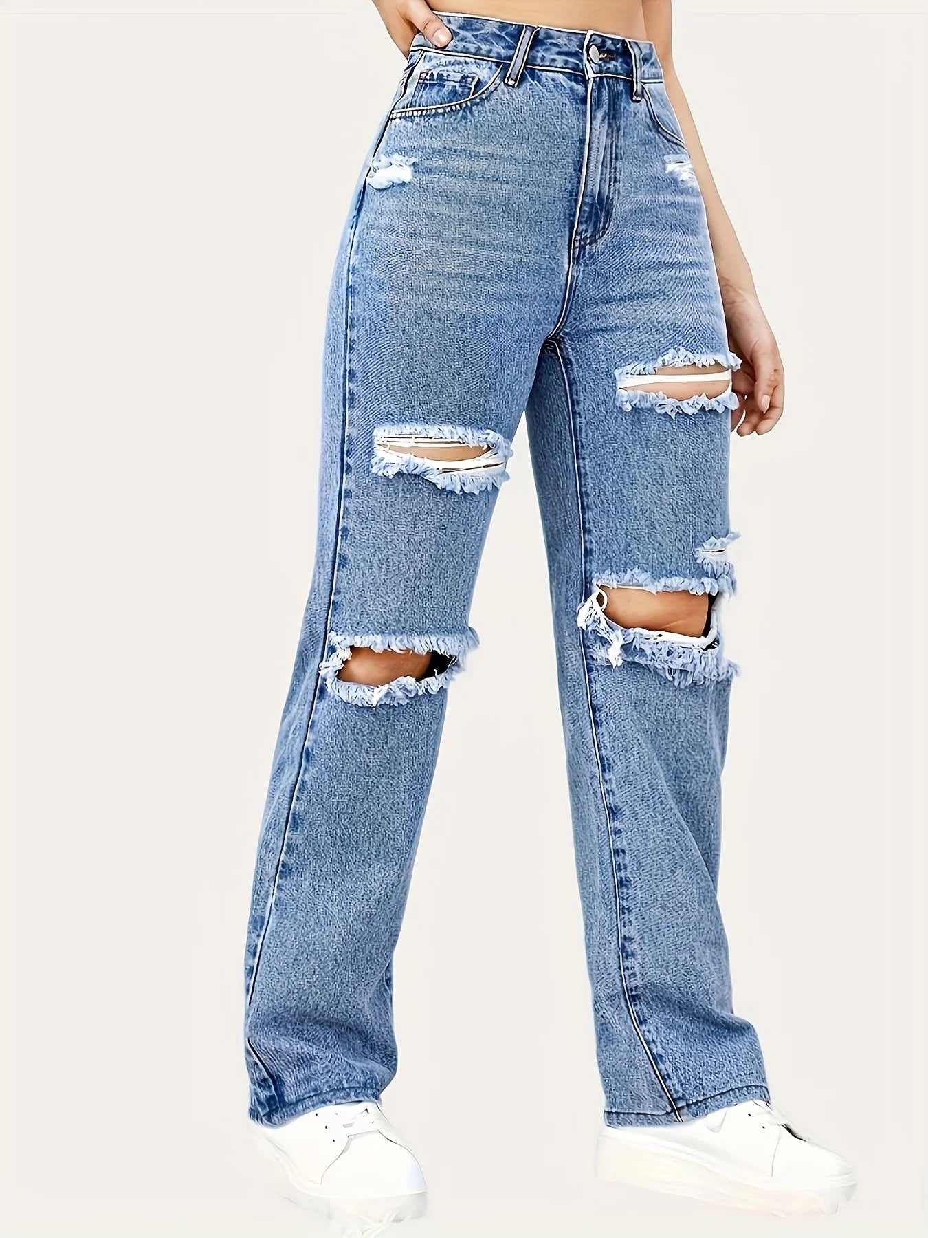 Blue Ripped Baggy Straight Jeans, Slash Pockets Distressed High Waist Loose Fit Denim Pants, Women's Denim Jeans & Clothing