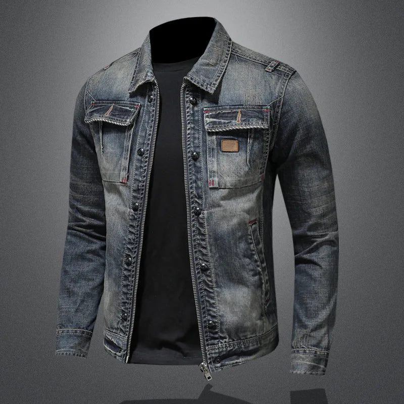 2023High Quality Fashion Trend Handsome Personality Zipper Motorcycle Denim Jacket Jacket Men's Lapel Trend Vintage Denim Jacket