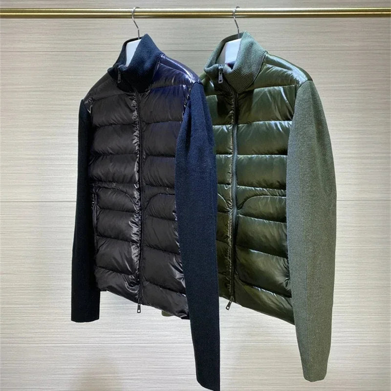 2023 Winter Men Fashion Wool Knitted Down Jackets 90% White Duck Down Patchwork Cardigan Epaulet Man Autumn Double Zipper Coats