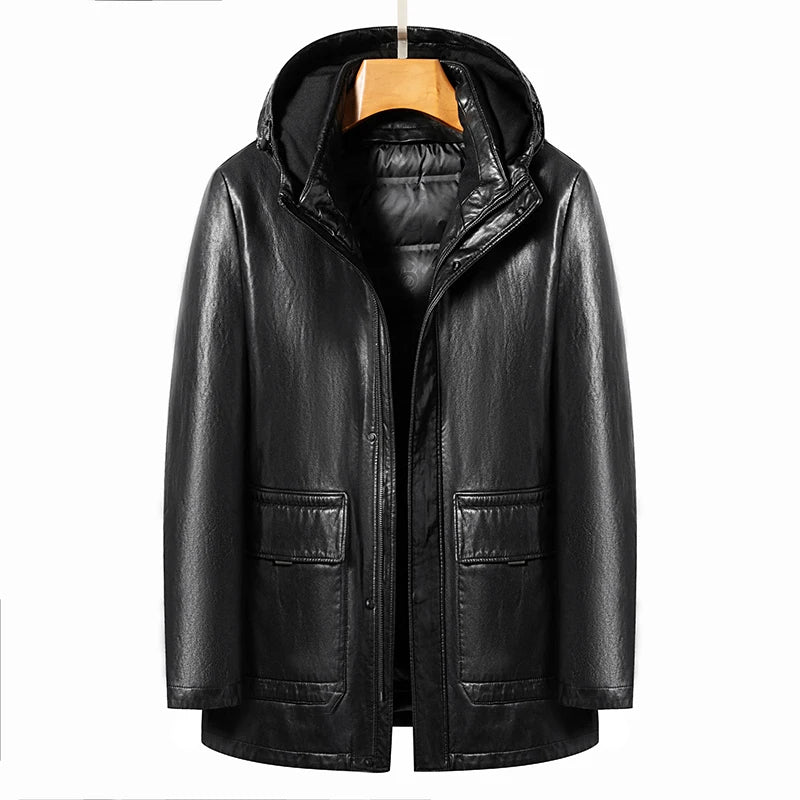 YN-2268 Winter Middle Aged High Grade Men's Hooded Natural Leather Down Jacket Medium Long Detachable White Duck Down Liner