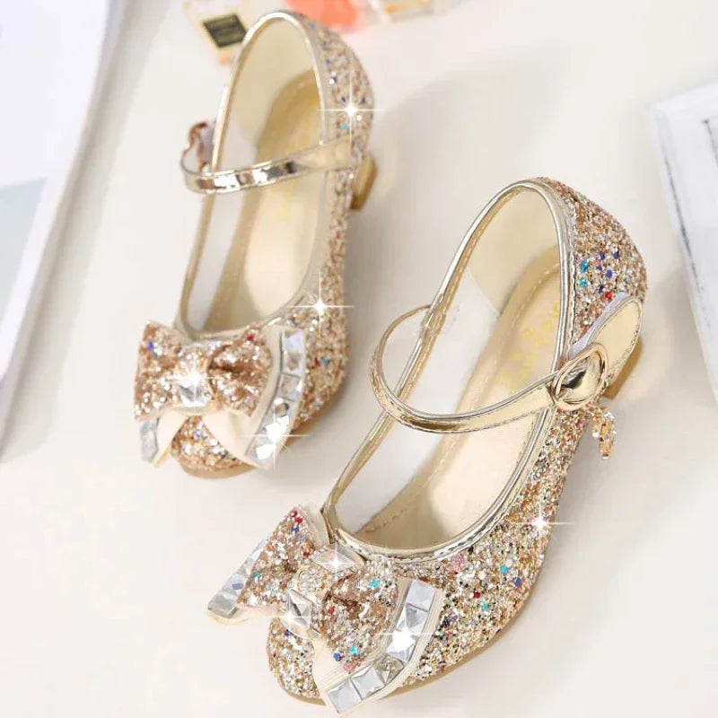 Brand Bow High Heel Shoes for Girls Princess Shoes Children Sequin Leather Shoes Kids Party Wedding Bling Glitter Crystal Shoe