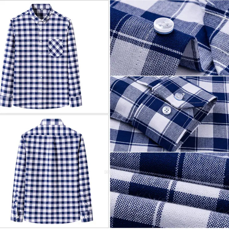 Men's 100% Cotton Plaid Checkered Long Sleeve Oxford Shirt Front Patch Chest Pocket Button Striped Versatile Casual Shirts