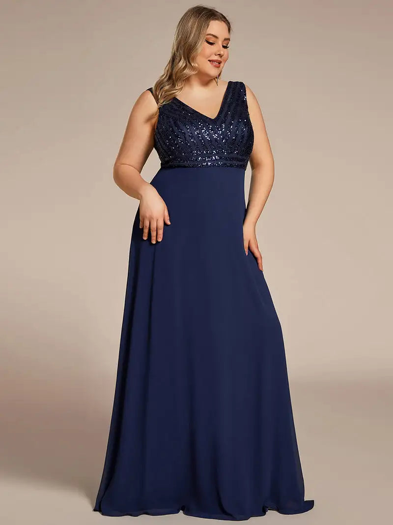 Plus Evening Dresses Sleeveless V-Neck Sequin & Chiffon Floor Length Ever Pretty 2023 of A-line Navy Blue Bridesmaid Dresses