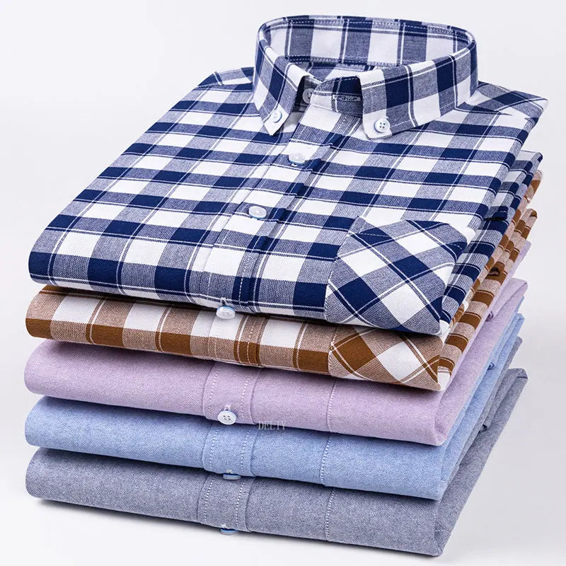 Men's 100% Cotton Plaid Checkered Long Sleeve Oxford Shirt Front Patch Chest Pocket Button Striped Versatile Casual Shirts