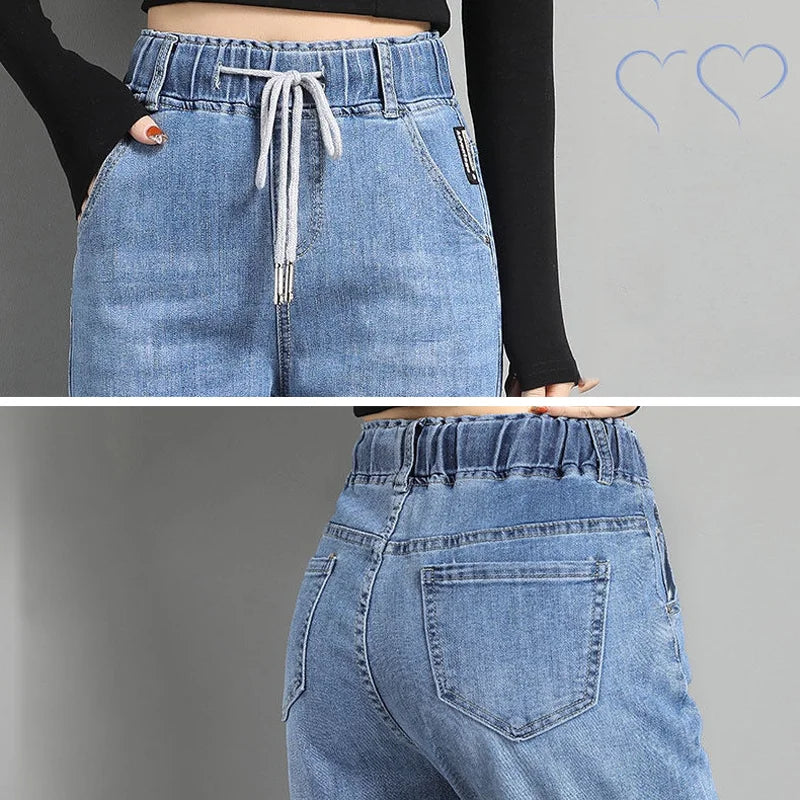 High Waist Drawstring Harem Baggy Jeans Women Spring Autumn All-match Streetwear Ankle Length Denim Trousers Casual Mom Jean New