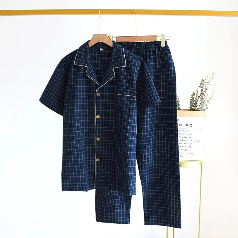 2023 Men's Pajamas Summer Thin Short-sleeved Shorts Washed Cotton Simple Japanese Plaid Home Service Suit Pantalon Pijama Hombre