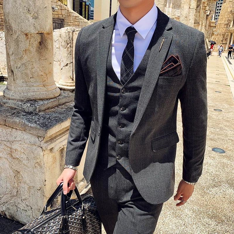 S-7XL (Jacket+Vest+Pants) Fashion Boutique Lattice Formal Business Mens Suit 3pcs Set Groom Wedding Dress Plaid Suit Show Stage