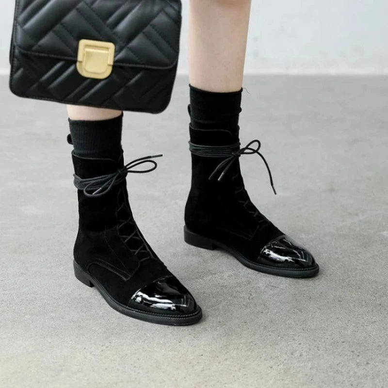 Fashion British Style Shoes Pointed Toe Low-heel Boots Women's Flat Ankle Boots