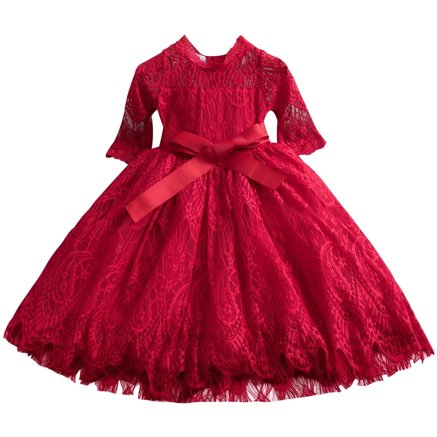 Red Kids Dresses For Girls Flower Lace Tulle Dress Wedding Little Girl Ceremony Party Birthday Dress Children Autumn Clothing