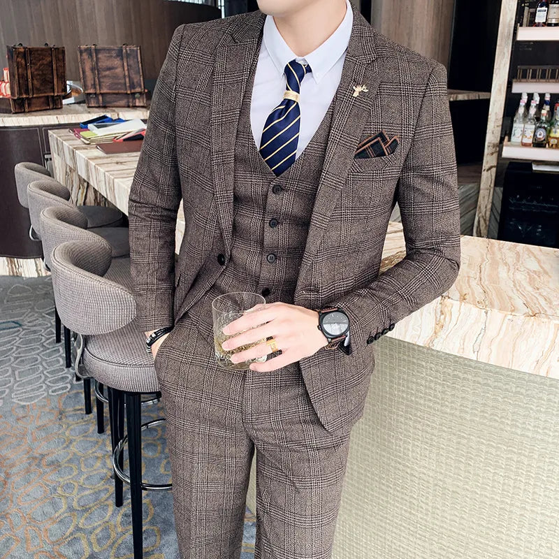 S-7XL (Jacket+Vest+Pants) Fashion Boutique Lattice Formal Business Mens Suit 3pcs Set Groom Wedding Dress Plaid Suit Show Stage