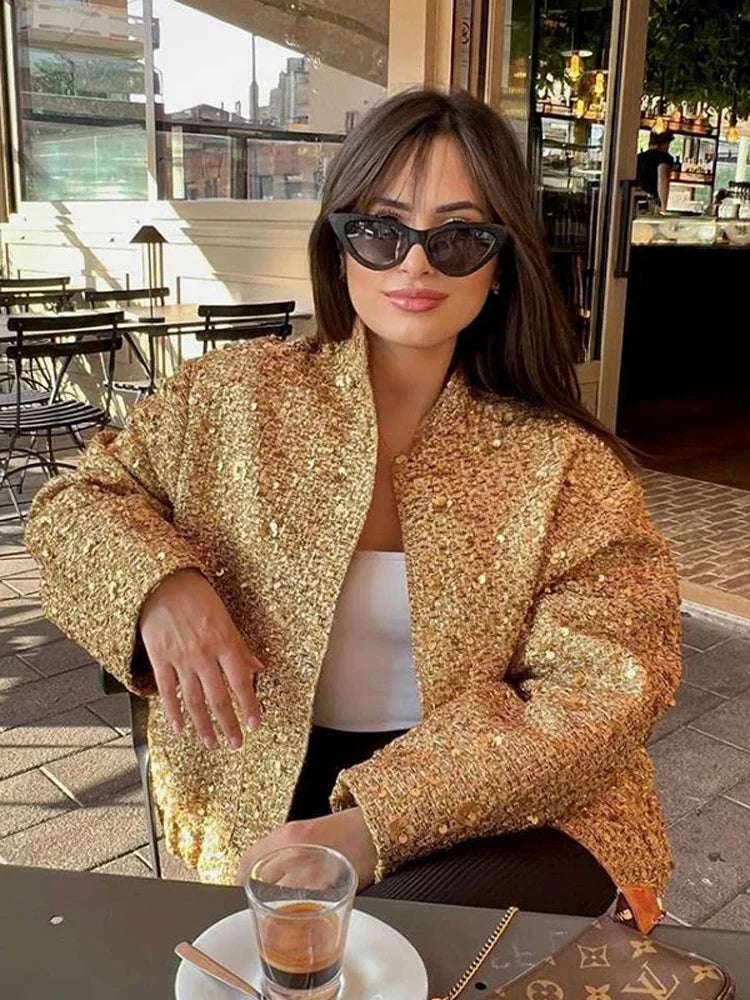 Winter Sequin Coat For Women Fashion Party Long Sleeve Gold Single Breasted Female Coats 2023 Autumn Streetwear Lady Outwear